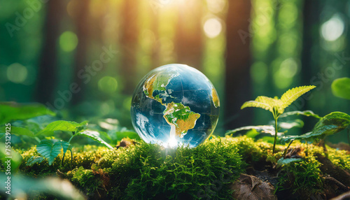 Glass globe in green forest. Transparent glass sphere. Environment conservation. Happy Earth day banner.
