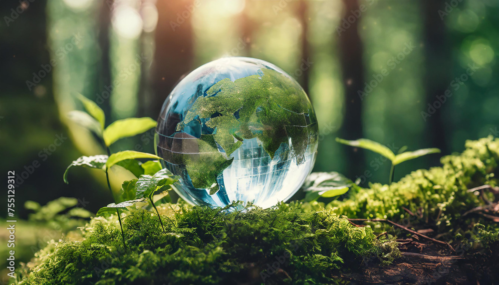 Glass globe in green forest. Transparent glass sphere. Environment conservation. Happy Earth day banner. Glass globe in green forest. Transparent glass sphere. Environment conservation. Happy Earth day banner.