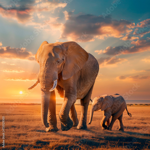 Cute mother elephant and baby elephant walk through the savannah