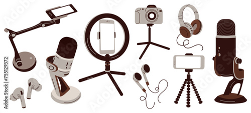 A set of content creation tools. Microphone, headphones, selfie stick, monopod, smartphone, mirror, ring lamp, tripod. Blogger set for recording videos, podcasts, photos. Vector cartoon illustration 