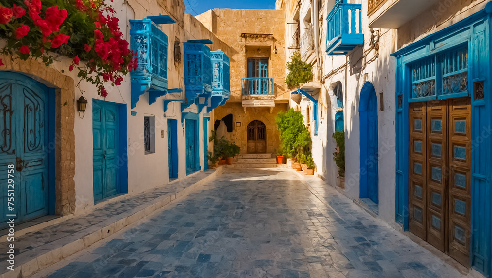 Beautiful street in summer in Hammamet Tunisia historical - obrazy, fototapety, plakaty 