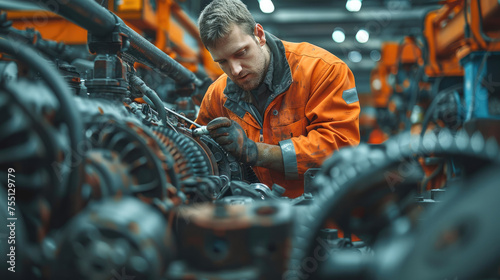 Plant mechanic working on a tractor engine. He is wearing orange high visibility overalls. Generative AI.