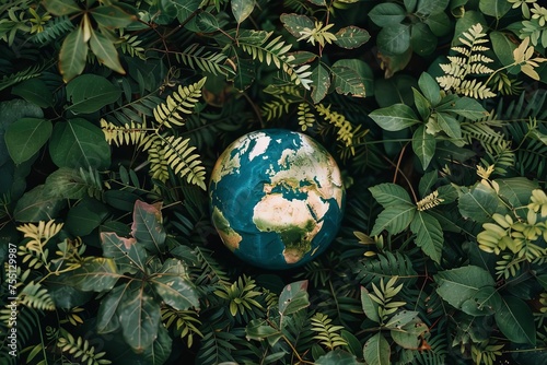Globe surrounded by vibrant green foliage Highlighting the importance of environmental sustainability and global care