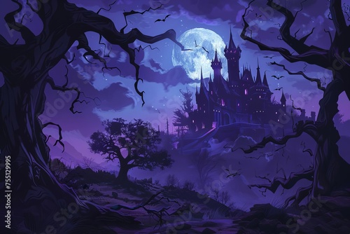 Gothic fantasy illustration of a haunted castle with ghosts swirling around Under a full moon with a silhouette of a spooky forest