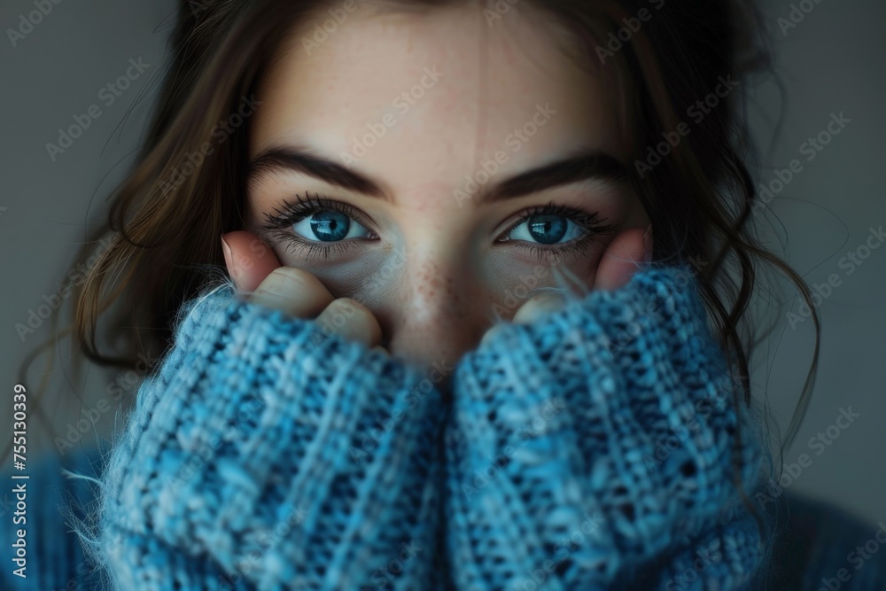 Woman With Blue Eyes Covering Face Woman With Blue Eyes Covering Face