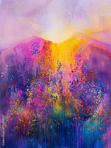 A vibrant painting showcasing majestic mountains towering in a colorful landscape with varying hues and tones.
