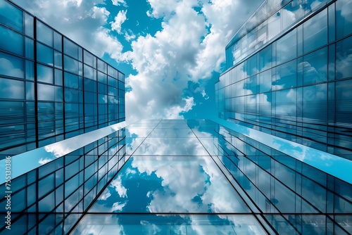 Modern high-rise office buildings reflecting the sky and clouds Symbolizing corporate growth and futuristic architecture