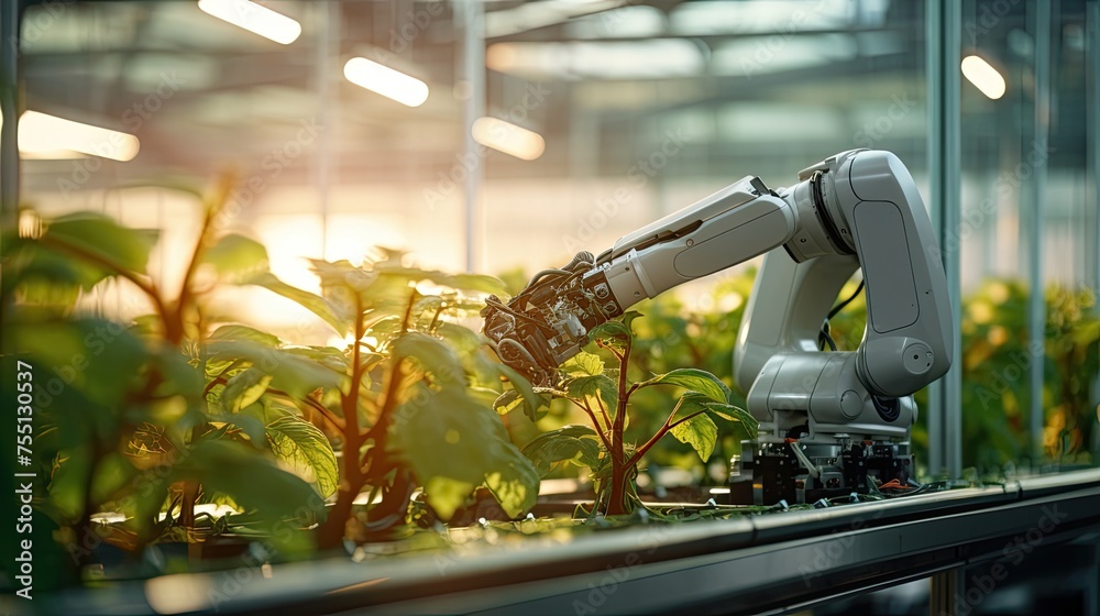 robotic arm tending plants in a large-scale greenhouse, background,