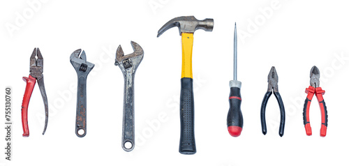 Various DIY used hand tools arranged in a row.