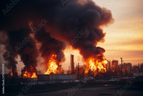 Severe fire at an industrial oil refinery with black smoke.