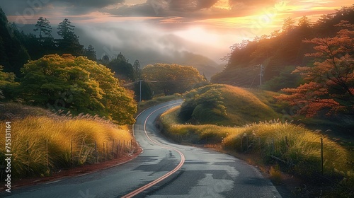 A winding road beautiful rural. Generative AI.