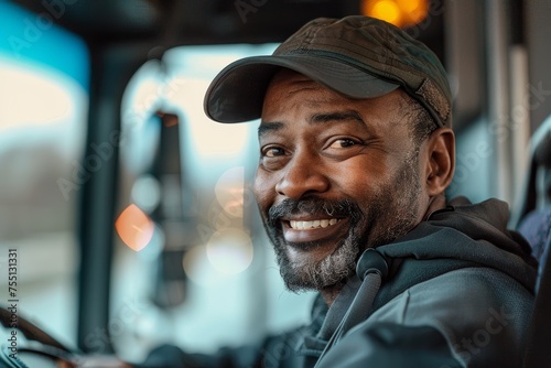 Portrait of a happy black bus driver.