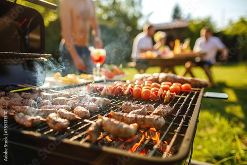 Summer bbq party scene With friends grilling meat and enjoying a sunny afternoon together in a backyard setting