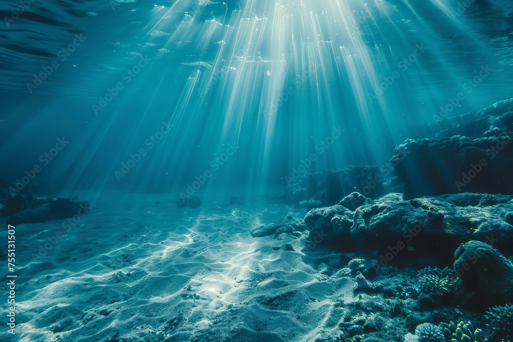 Underwater scene showcasing the serene beauty of the ocean with sunlight filtering through Highlighting the peaceful and mysterious world below