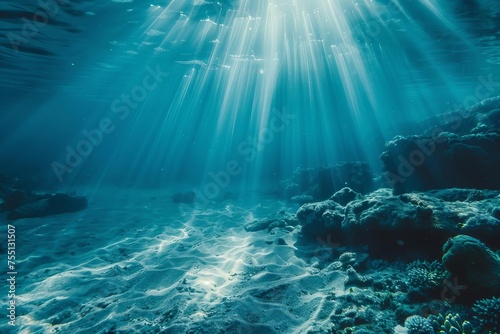 Underwater scene showcasing the serene beauty of the ocean with sunlight filtering through Highlighting the peaceful and mysterious world below © Jelena