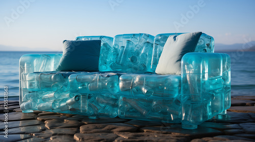 sofa made from empty plastic bottles  blue ocean background  environmental concept