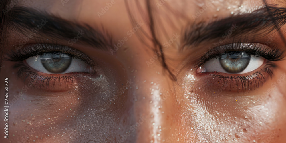 This image captures the intense gaze of brown eyes with fine details and glistening teardrops at the edges