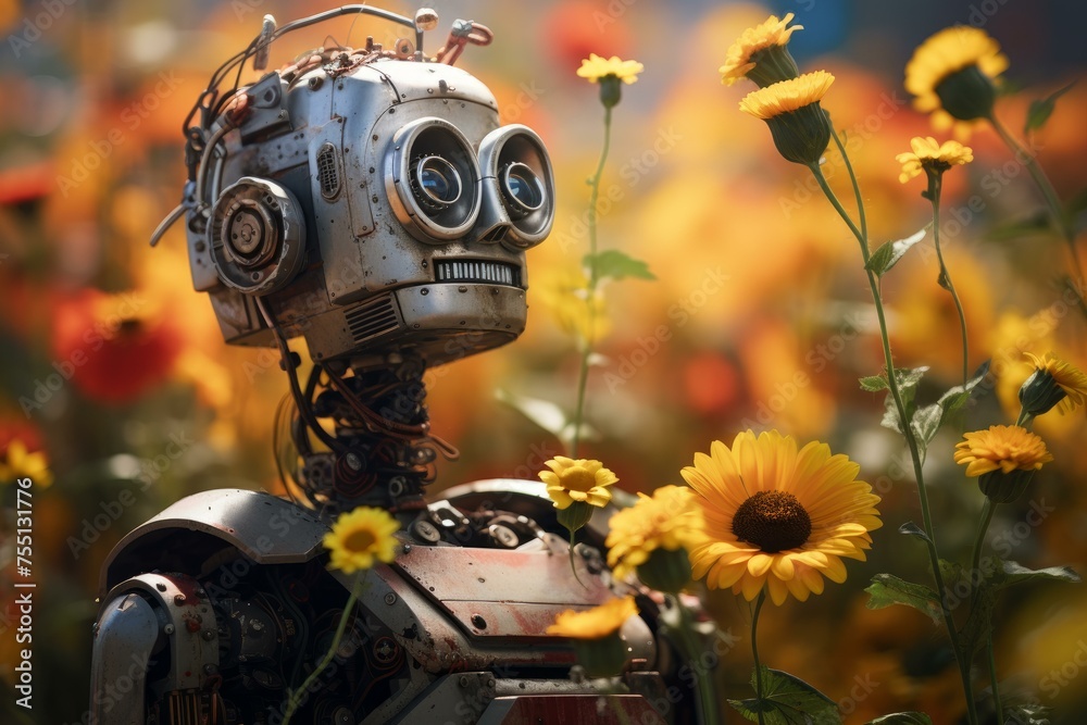 Blossoming Robot smiling with flowers. Love plant. Generate Ai