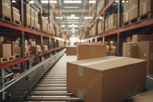 Warehouse fulfillment center scene with cardboard boxes moving on conveyor belts Representing e-commerce logistics and automation
