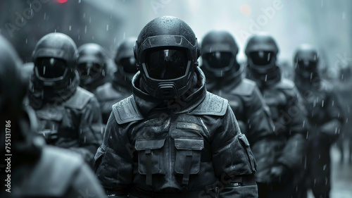 Futuristic soldier with their squad before deployment. Determined expressions and dystopian atmosphere. In the style of an action movie still.