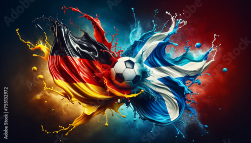 liquify country flags of Germany and Scotland splash towards each other, with a soccer ball in the middle, football EM 2024, Group phase matchday 1, Generative ai photo