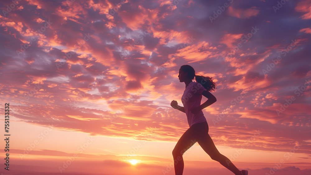 Running into the Purple Sunset: A Fit Woman’s Silhouette