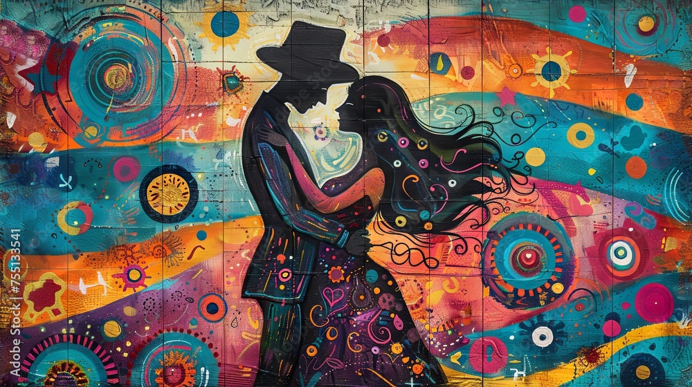 Fototapeta premium Silhouette of a dancing couple enveloped in vibrant, psychedelic swirl patterns and vivid colors.