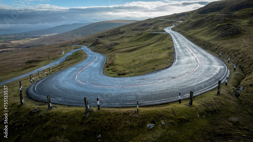 The hairpin bend on the A4069 known as Cuckoo Bend on the Black Mountain Pass in South Wales UK often used in a popular TV car series because of the fast winding roads 