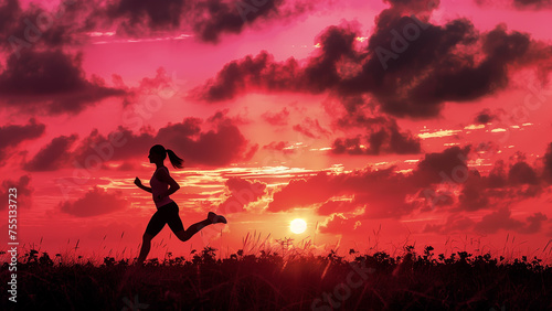 Embracing the Horizon: A Fit Woman Running Against a Red Sunset © 대연 김