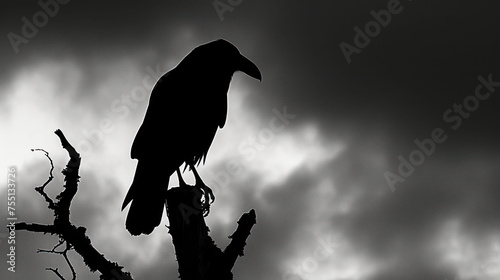 a black and white photo of a bird perched on a tree branch with a cloudy sky in the back ground.