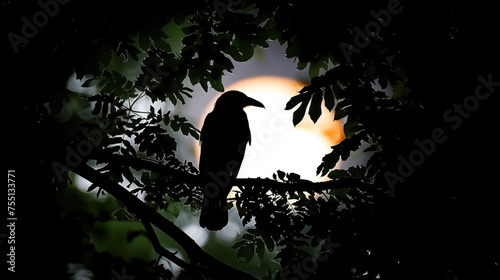 a bird perched on a tree branch in front of a full moon in a dark forest with leaves in the foreground. photo