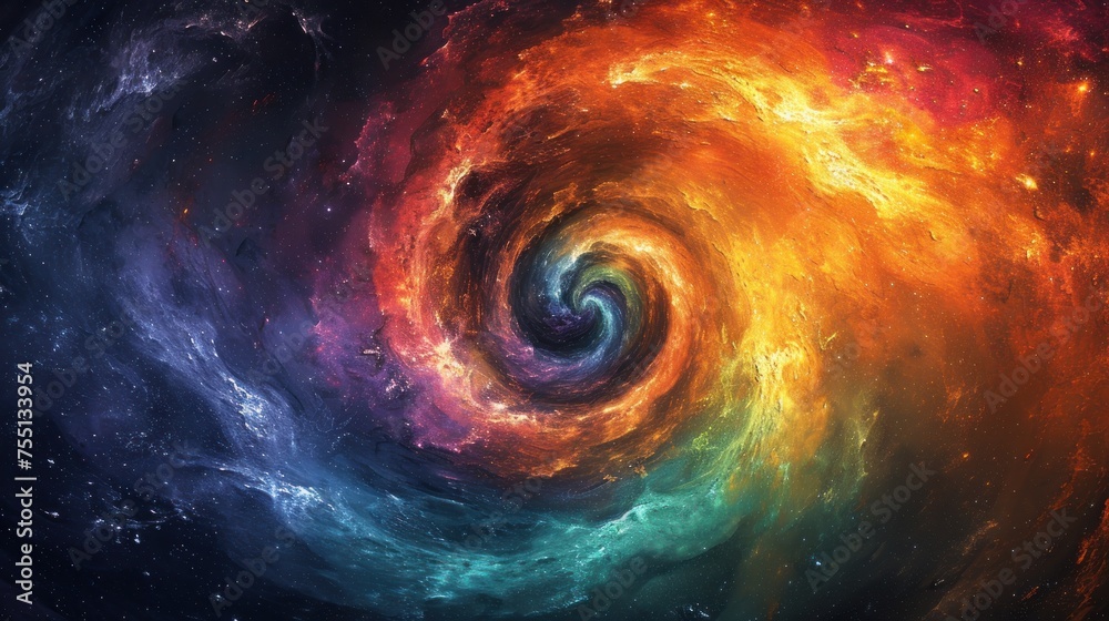 a close up of a colorful swirl in the center of a black and blue space with stars in the background.