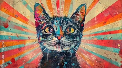 Expressive cat portrait set against a vibrant and colorful abstract background, full of artistic detail. 