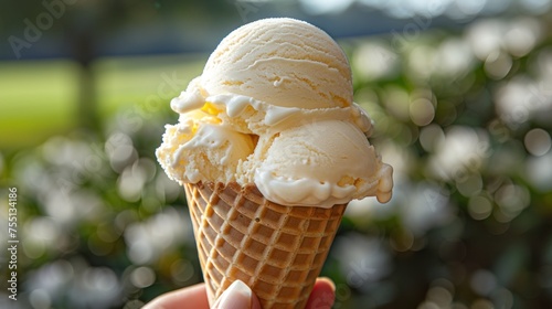 a hand holding an ice cream cone with a scoop of ice cream on top of it in front of a blurry background. photo