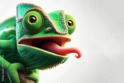 Green colored chameleon with bulging eyes and tongue on solid white background. ai generative photo