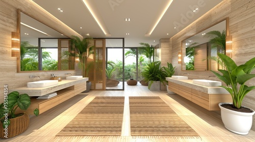 a bathroom with two sinks, a bathtub, and a potted plant in the middle of the room. photo