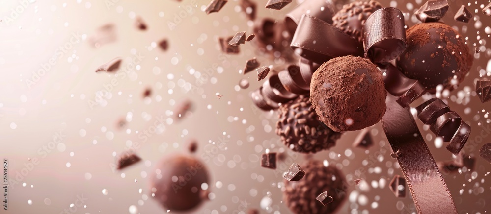 Numerous chocolates are soaring through the sky like astronomical objects, forming a beautiful circle. The scene resembles a macro photography shot, with the chocolates looking like hail in the air