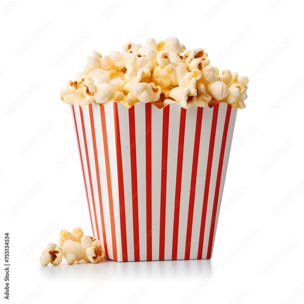 Stripe-patterned popcorn box overflowing with buttery popcorn isolated on white background