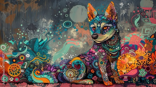 Artistic representation of a wolf with tribal patterns and floral motifs in vibrant colors.