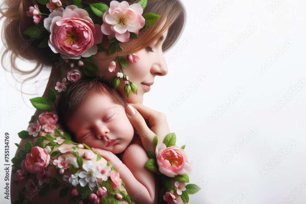 newborn baby with beautiful mother formed of blooming spring flowers and green leaves. ai generative newborn baby with beautiful mother formed of blooming spring flowers and green leaves. ai generative