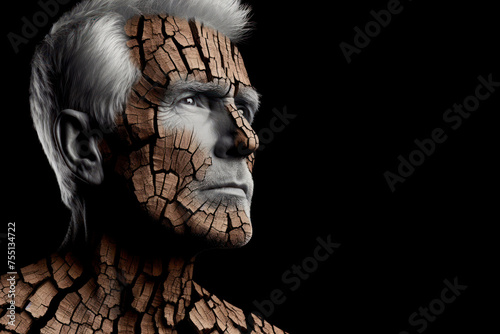 handsome senior man formed of fractured bark of tree isolated on solid black background. ai generative