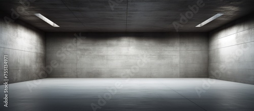 An empty room with bare concrete walls and bright lights hanging from the ceiling. The space appears cold and stark, with no furniture or decoration present.