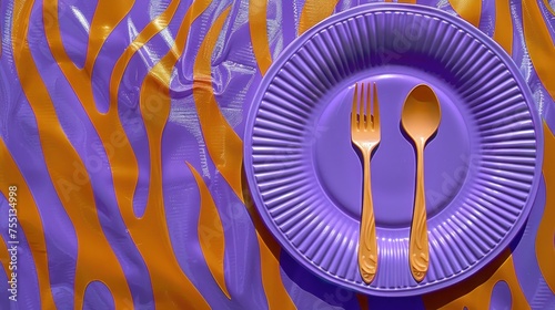 a paper plate with a fork and a knife on a purple and orange plate with a wavy design on it. photo