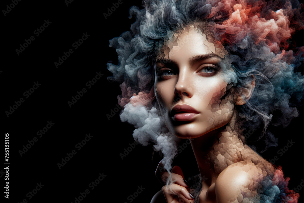 handsome woman formed of fractured color smoke isolated on solid black background. ai generative