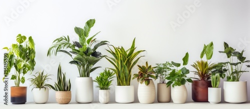 A row of various house plants in different pots sitting neatly on top of a table against a white wall, serving as a modern room decoration with ample copy space.