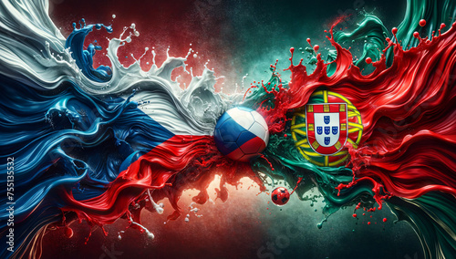 liquify country flags of Czechia and Portugal splash towards each other, with a soccer ball in the middle, football EM 2024, Group phase matchday 1, Generative ai