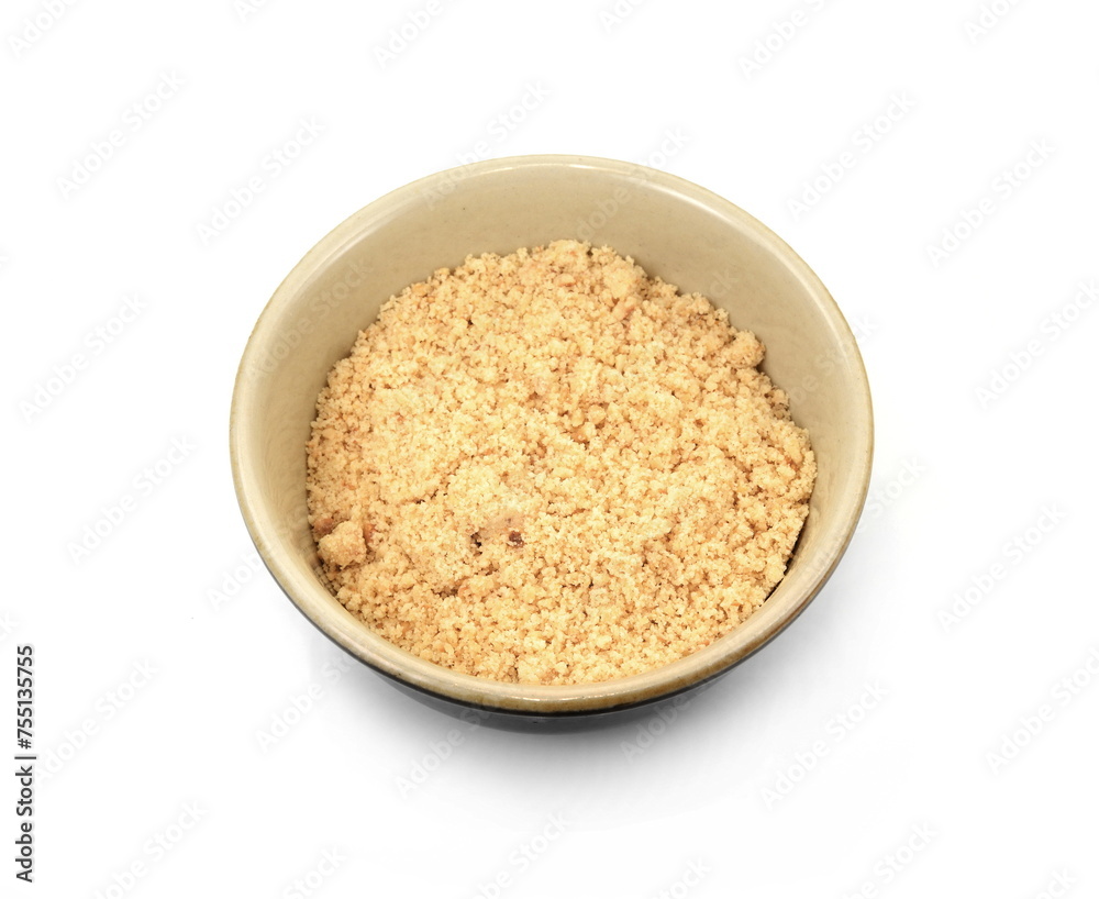 Hazelnut flours isolated on white background. Hazelnut Flours in a bowl. Hazelnut flours isolated on white background. Hazelnut Flours in a bowl.