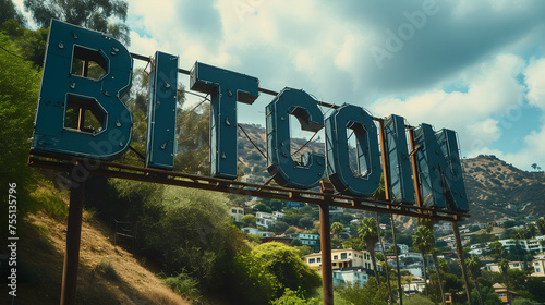 Wallpaper Mural Bitcoin as a sign high on the hill - billboard - palm trees - iconic - lights - crypto  Torontodigital.ca