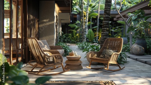 rattan rocking chairs at the resort, inviting relaxation amidst lush surroundings and gentle breezes.