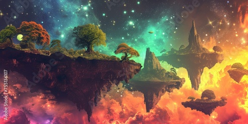 Vibrant floating islands with lush  colorful trees defy gravity in an otherworldly cosmic space  creating a scene from a fantastical dream. Resplendent.